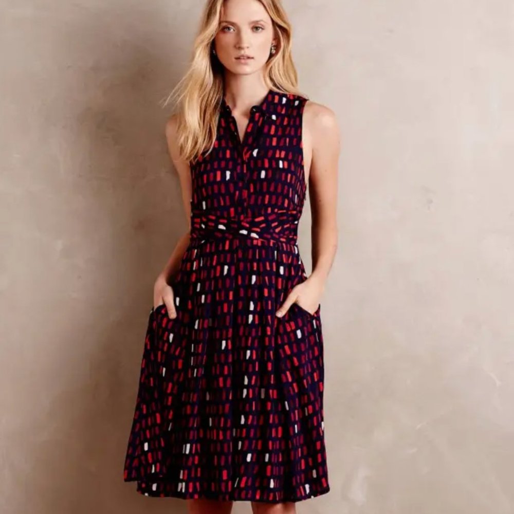 11.1 Tylho Anthropologie Women's Brynn Shirt Dress Size M Geometric Blue/Red/